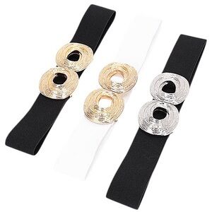 Black or White Stretchy Statement Belt with Gold or Silver Circular Metal Buckle